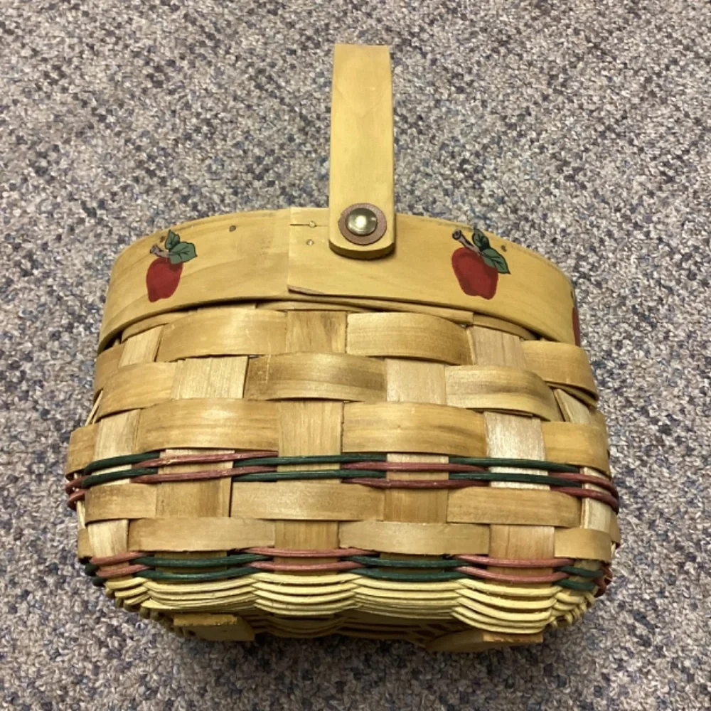 Handwoven Wooden Basket with Apple Design